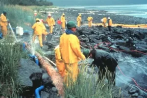 Workers cleaning up oil spill.